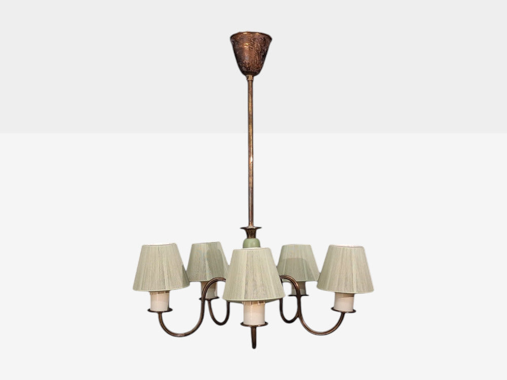 Nordiska Kompaniet, Chandelier, Green Lacquered Wood, Brass, Sweden, 1950s