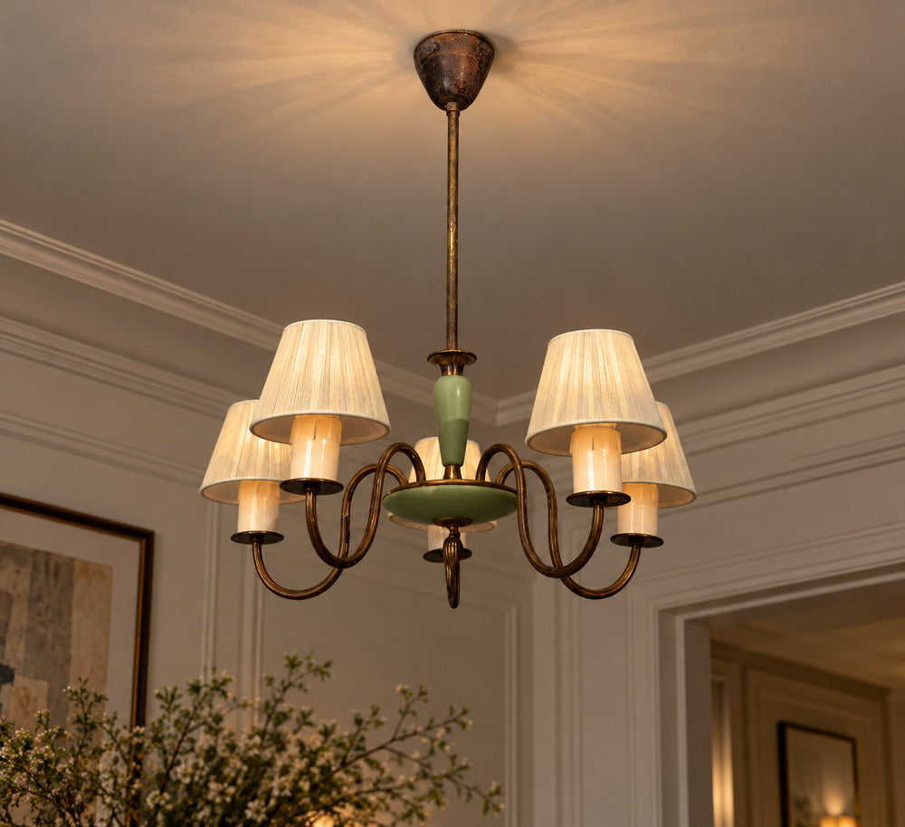 Nordiska Kompaniet, Chandelier, Green Lacquered Wood, Brass, Sweden, 1950s