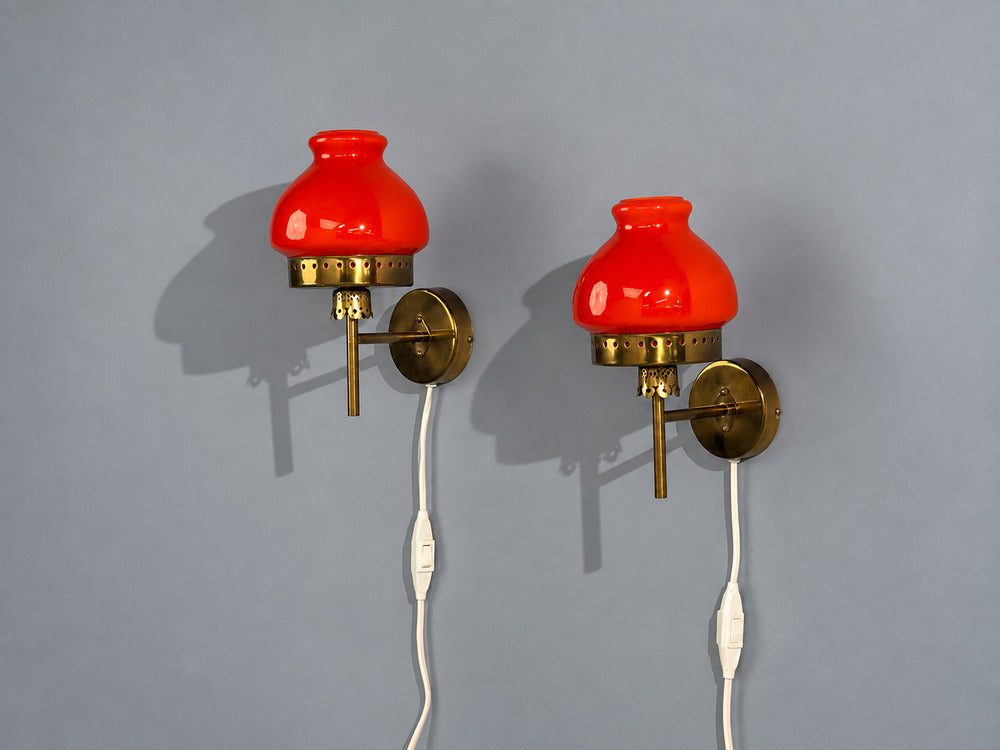 Örsjö Industri AB, Wall Lights, Brass, Orange Glass, Sweden, 1970s