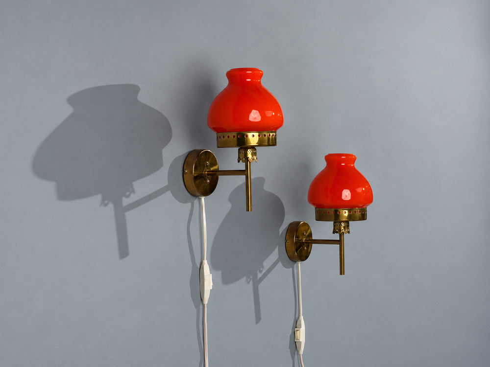 Örsjö Industri AB, Wall Lights, Brass, Orange Glass, Sweden, 1970s