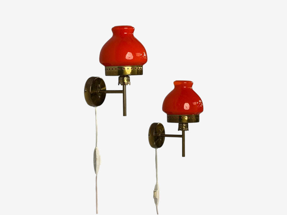 Örsjö Industri AB, Wall Lights, Brass, Orange Glass, Sweden, 1970s