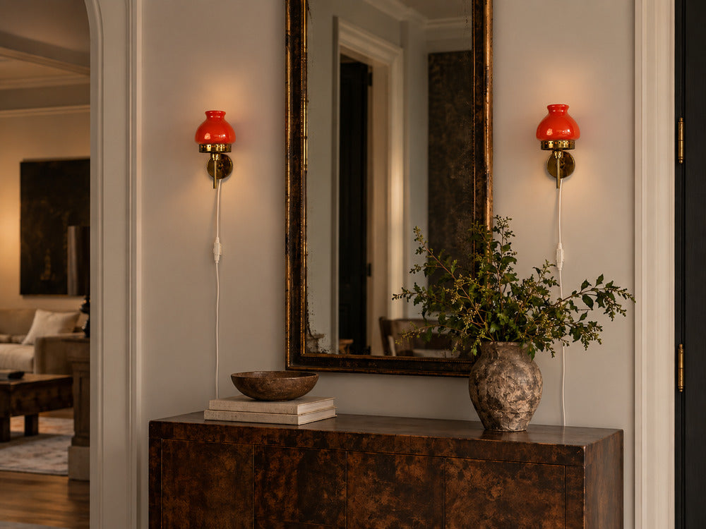 Örsjö Industri AB, Wall Lights, Brass, Orange Glass, Sweden, 1970s