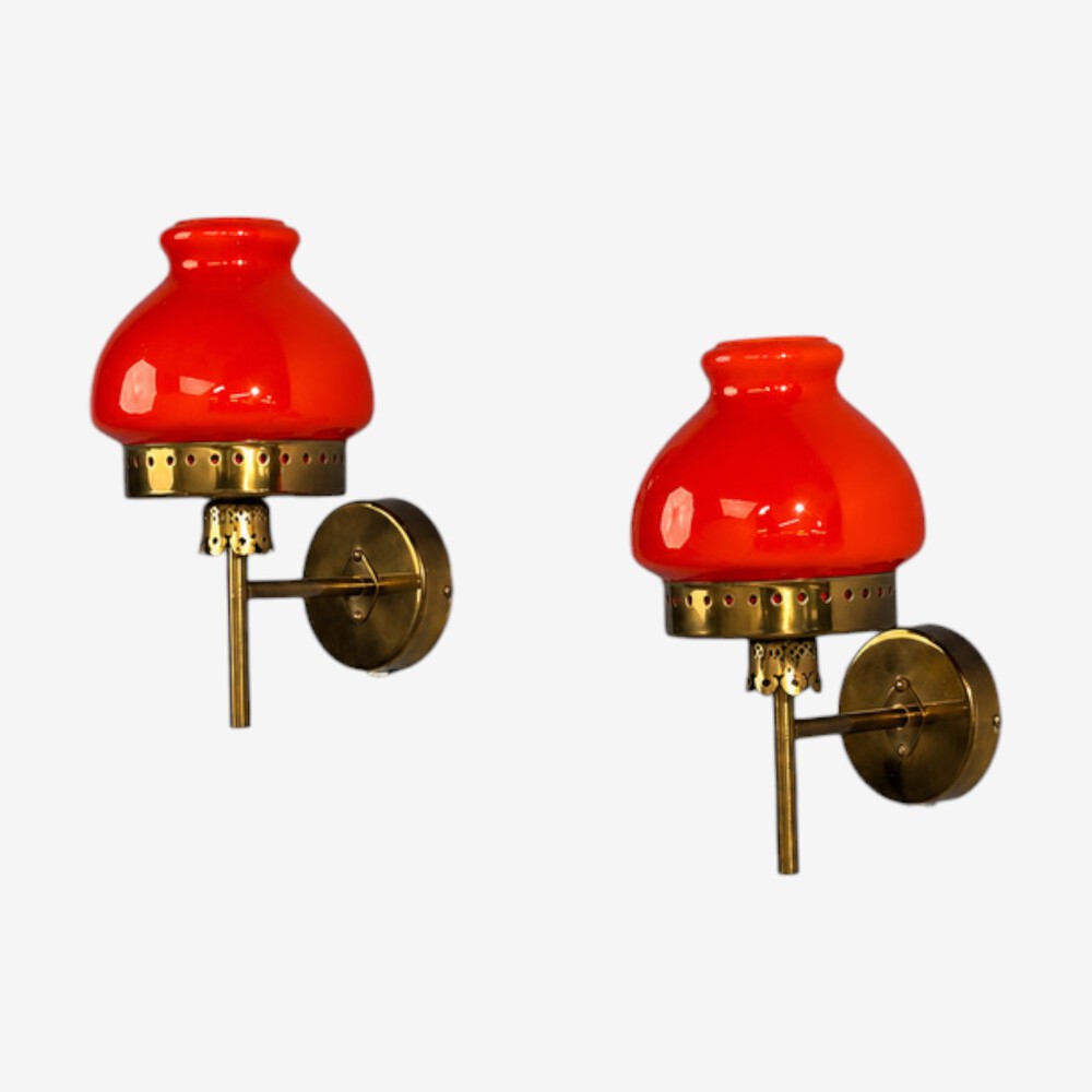 Örsjö Industri AB, Wall Lights, Brass, Orange Glass, Sweden, 1970s