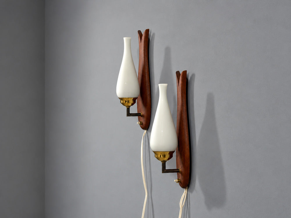 Danish Modern, Wall Lights or Sconces, Teak, Brass, Opal Glass, Denmark, 1960s