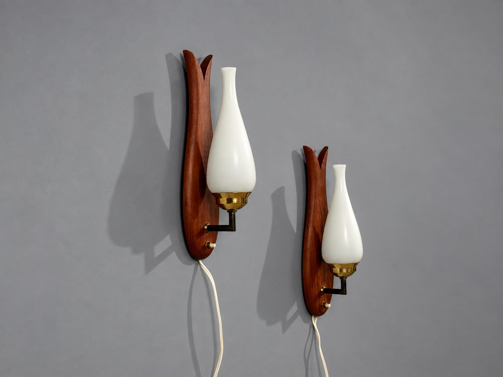 Danish Modern, Wall Lights or Sconces, Teak, Brass, Opal Glass, Denmark, 1960s
