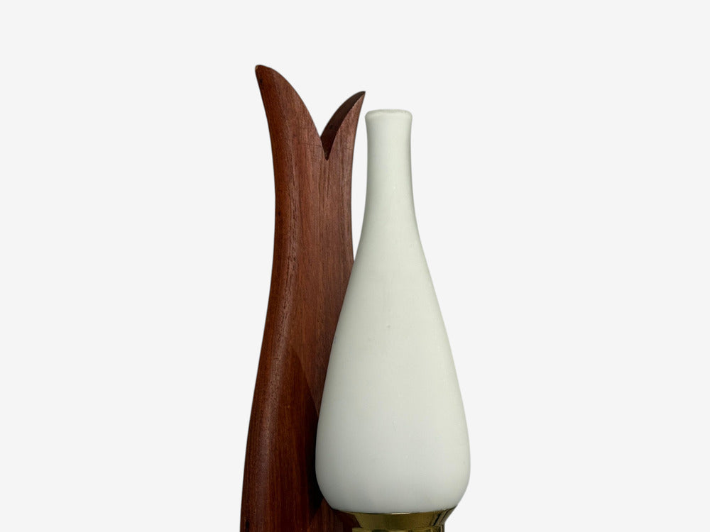 Danish Modern, Wall Lights or Sconces, Teak, Brass, Opal Glass, Denmark, 1960s
