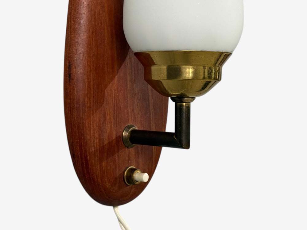 Danish Modern, Wall Lights or Sconces, Teak, Brass, Opal Glass, Denmark, 1960s