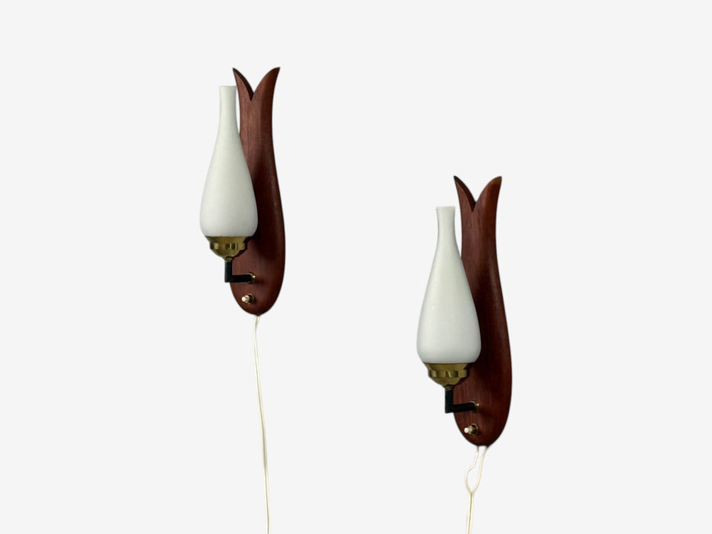 Danish Modern, Wall Lights or Sconces, Teak, Brass, Opal Glass, Denmark, 1960s