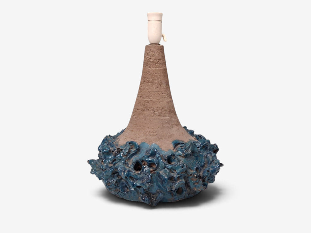 Hanne Stentøj, Large Brutalist Table Lamp, Blue Stoneware, Denmark, 1979