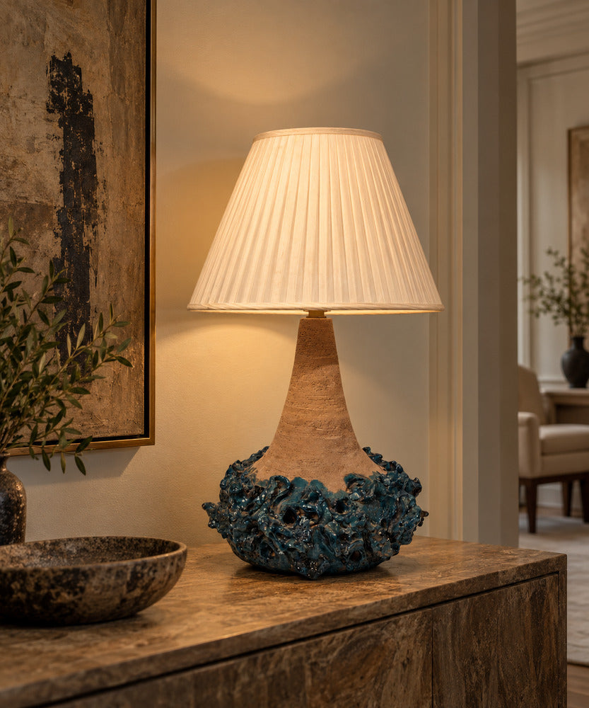 Hanne Stentøj, Large Brutalist Table Lamp, Blue Stoneware, Denmark, 1979