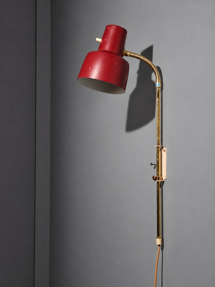 Swedish Modern, Adjustable Wall Light, Brass, Red Lacquered Metal, Sweden, 1940s
