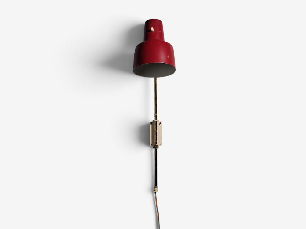 Swedish Modern, Adjustable Wall Light, Brass, Red Lacquered Metal, Sweden, 1940s