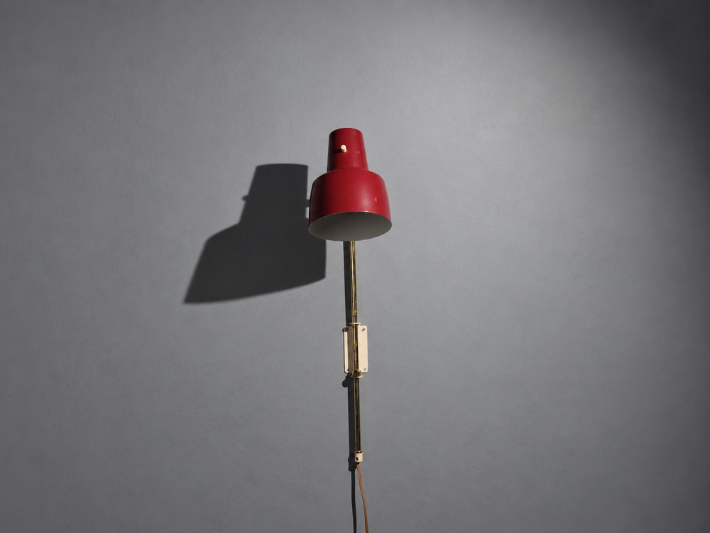 Swedish Modern, Adjustable Wall Light, Brass, Red Lacquered Metal, Sweden, 1940s