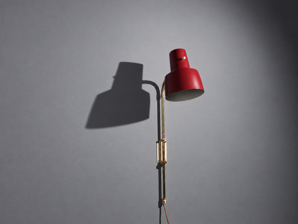 Swedish Modern, Adjustable Wall Light, Brass, Red Lacquered Metal, Sweden, 1940s