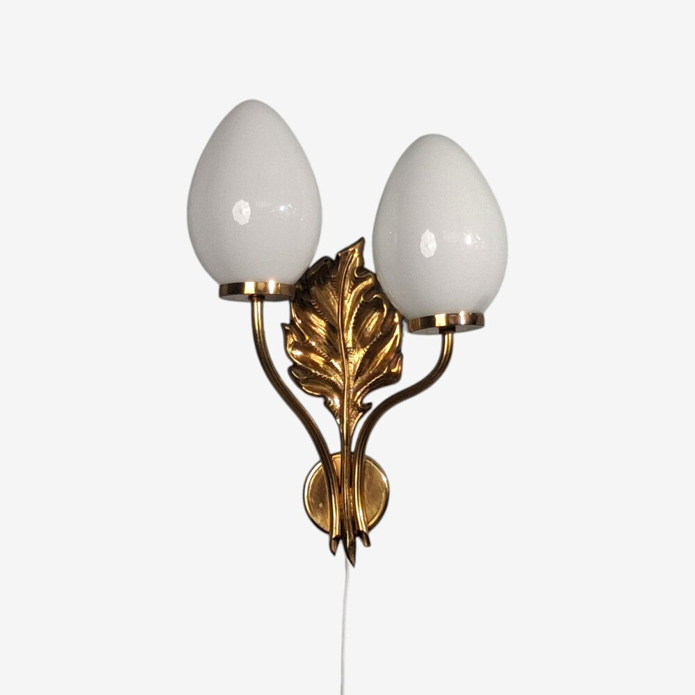 Swedish Modern, Double Wall Light, Brass, Opaline Glass, Sweden, 1950s