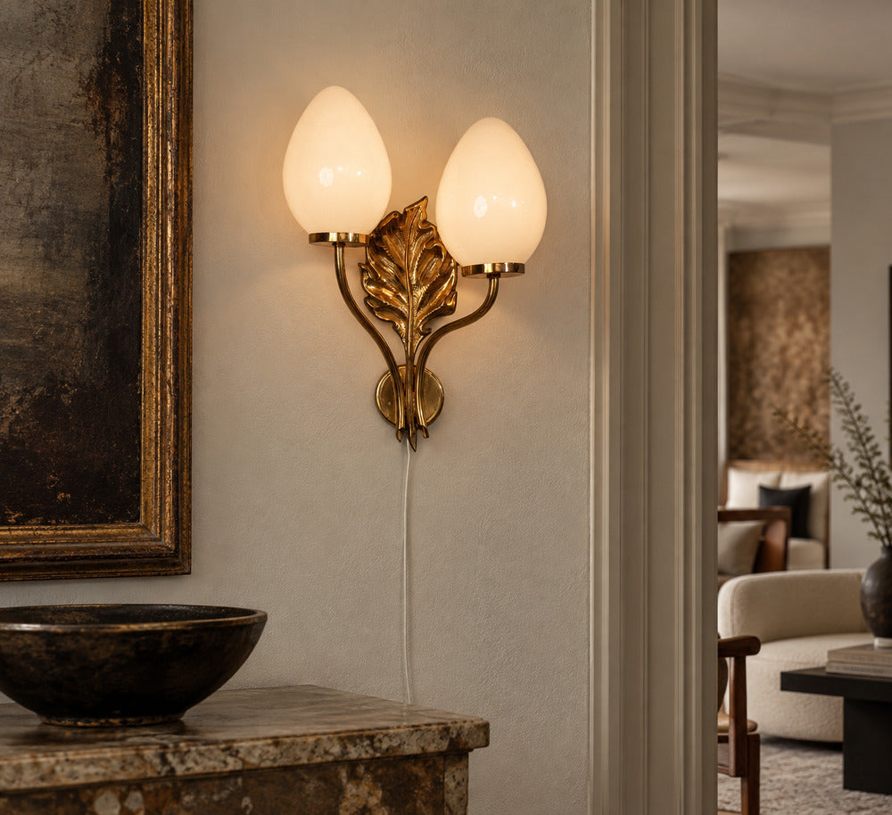 Swedish Modern, Double Wall Light, Brass, Opaline Glass, Sweden, 1950s