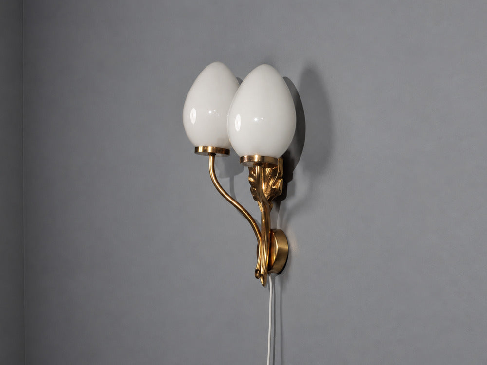 Swedish Modern, Double Wall Light, Brass, Opaline Glass, Sweden, 1950s
