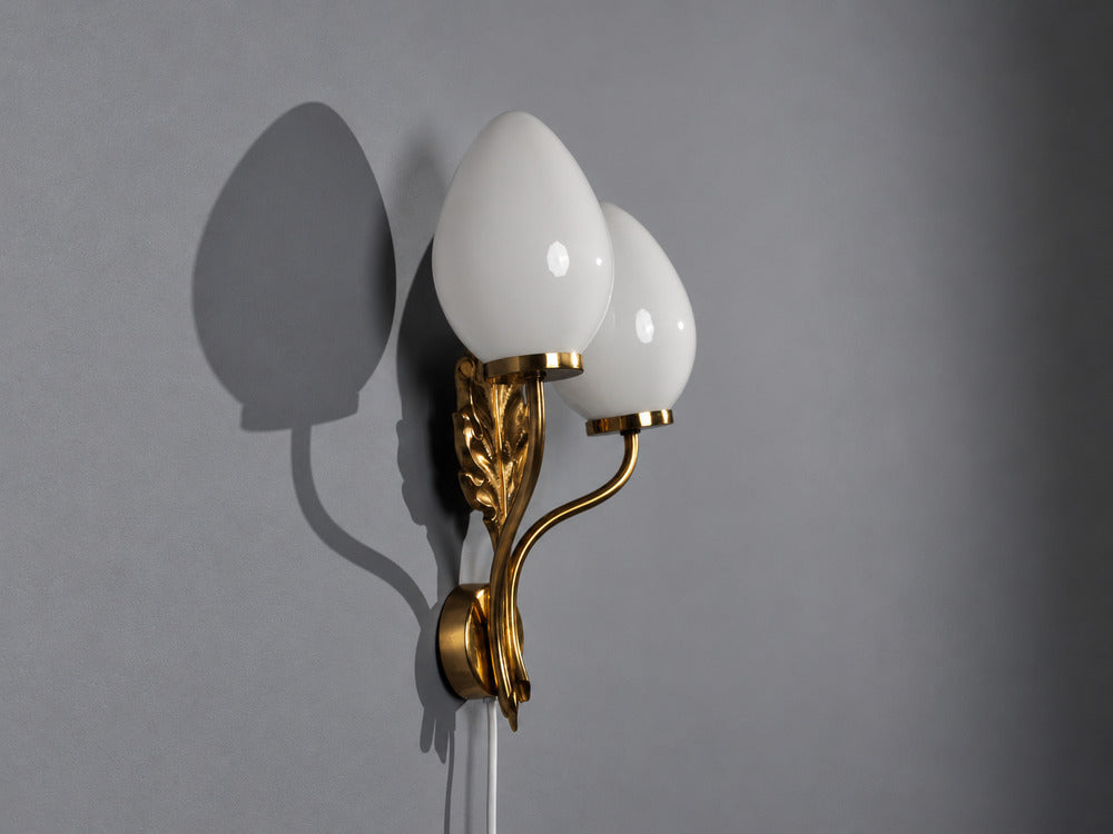 Swedish Modern, Double Wall Light, Brass, Opaline Glass, Sweden, 1950s