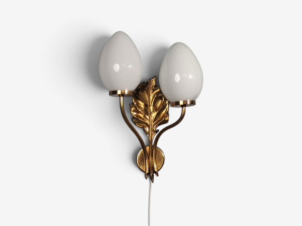 Swedish Modern, Double Wall Light, Brass, Opaline Glass, Sweden, 1950s