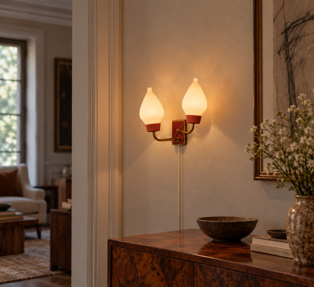Swedish Modern, Wall Sconce, Brass, Lacquered Metal, Glass, Sweden, 1940s