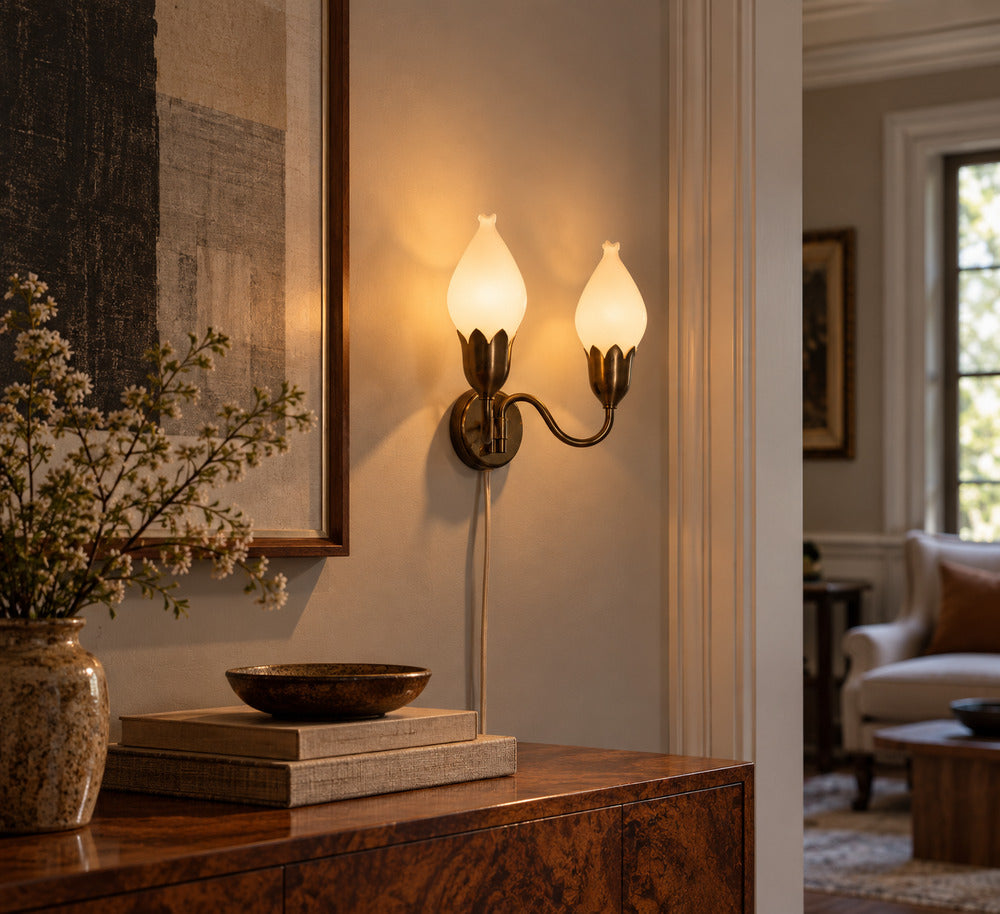 Fog & Mørup, Danish Modern, Double Wall Light, Brass, Glass, Denmark, 1950s