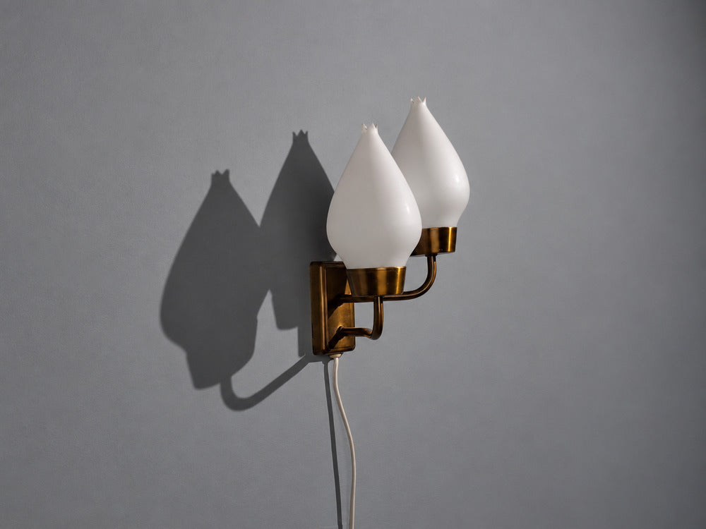 Swedish Modern, Wall Sconce, Brass, Opaline Glass, Sweden, 1940s
