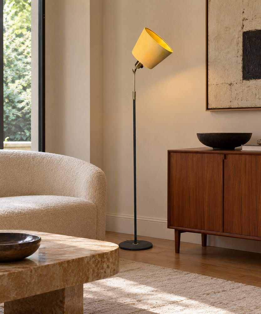 Boréns, Adjustable Floor Lamp, Blue Lacquered Metal, Brass, Fabric, Sweden, 1950s