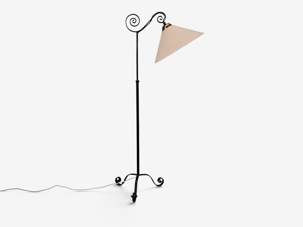 Swedish Modern, Floor Lamp, Forged Iron, Fabric, Brass, Sweden, 1950s