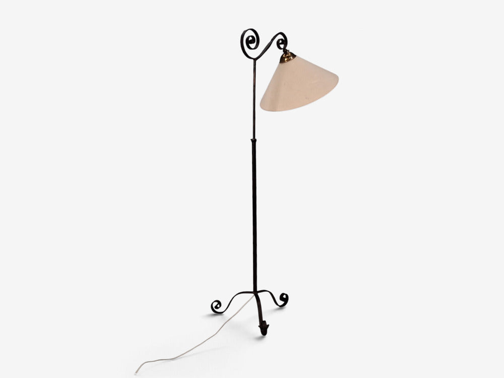 Swedish Modern, Floor Lamp, Forged Iron, Fabric, Brass, Sweden, 1950s