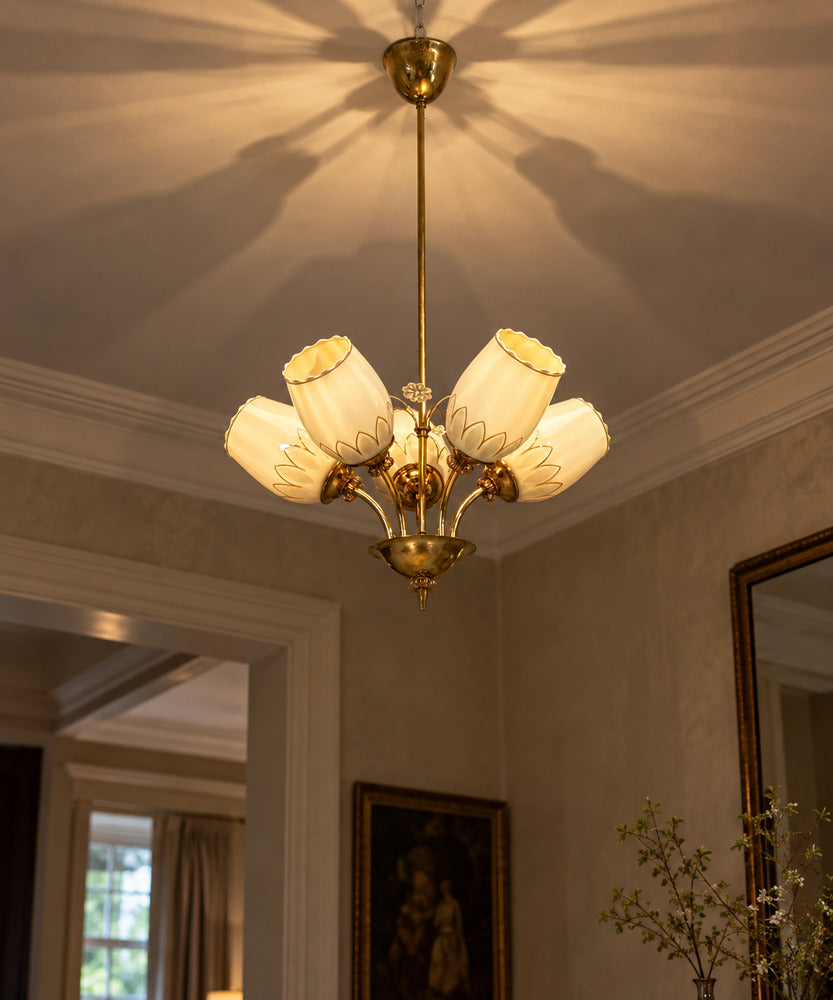 Itsu, Finnish Modern, Snowflake Chandelier, Brass, Glass, Finland, 1950s