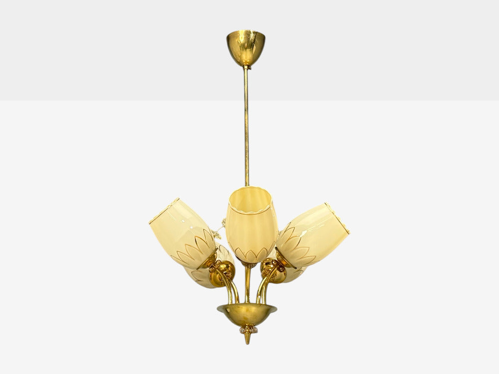 Itsu, Finnish Modern, Snowflake Chandelier, Brass, Glass, Finland, 1950s