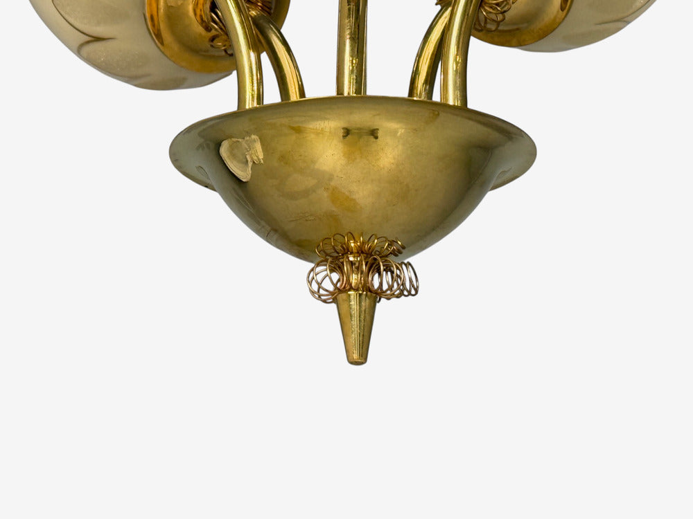 Itsu, Finnish Modern, Snowflake Chandelier, Brass, Glass, Finland, 1950s