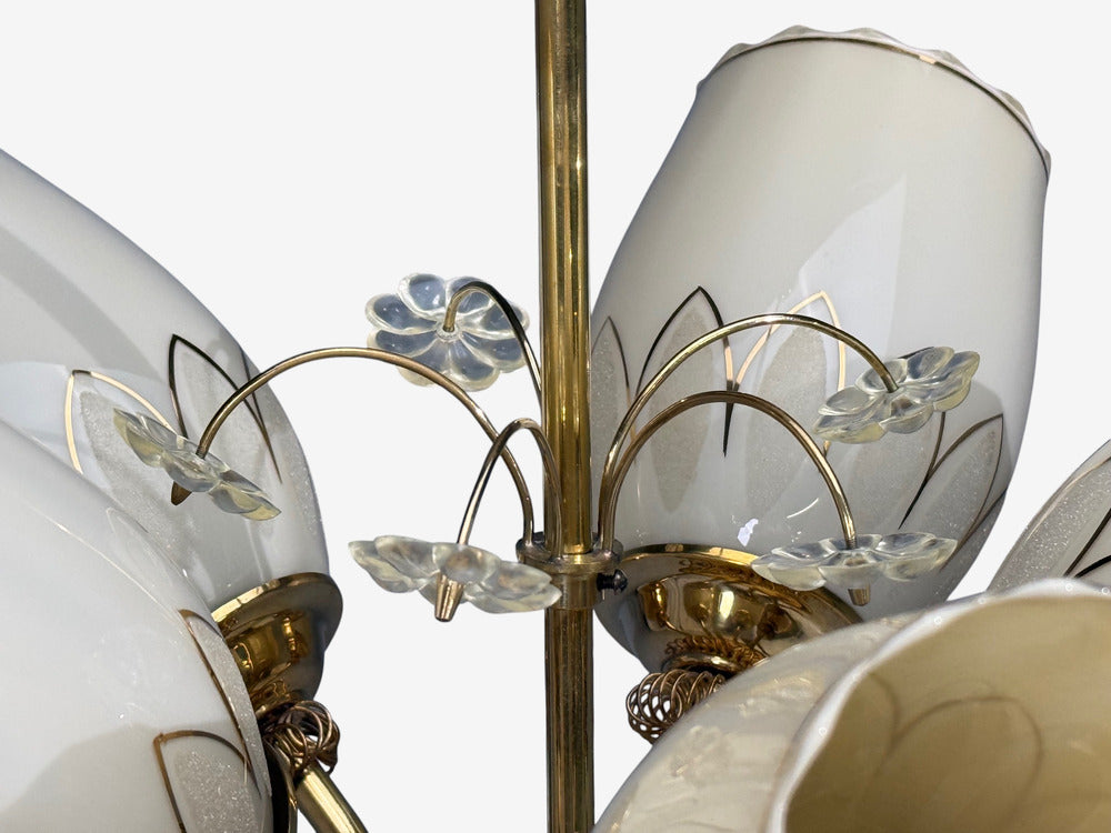 Itsu, Finnish Modern, Snowflake Chandelier, Brass, Glass, Finland, 1950s