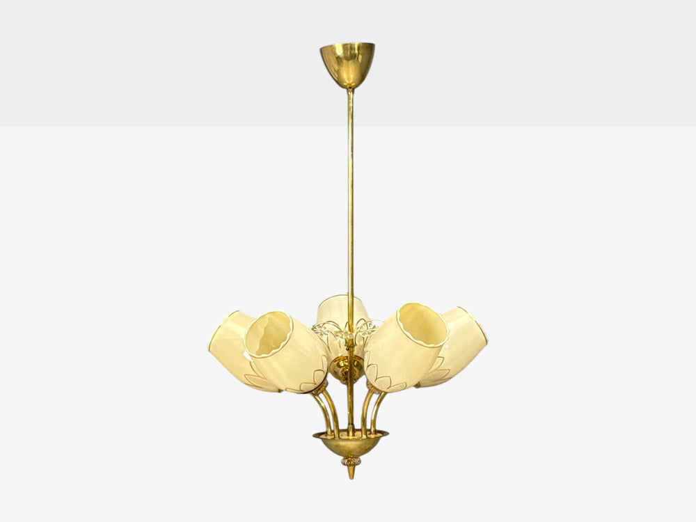 Itsu, Finnish Modern, Snowflake Chandelier, Brass, Glass, Finland, 1950s