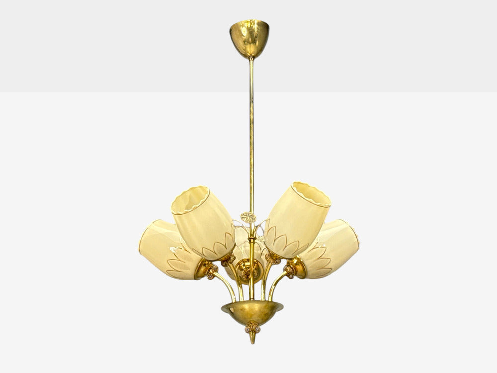Itsu, Finnish Modern, Snowflake Chandelier, Brass, Glass, Finland, 1950s