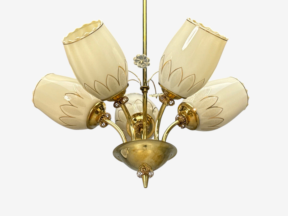 Itsu, Finnish Modern, Snowflake Chandelier, Brass, Glass, Finland, 1950s