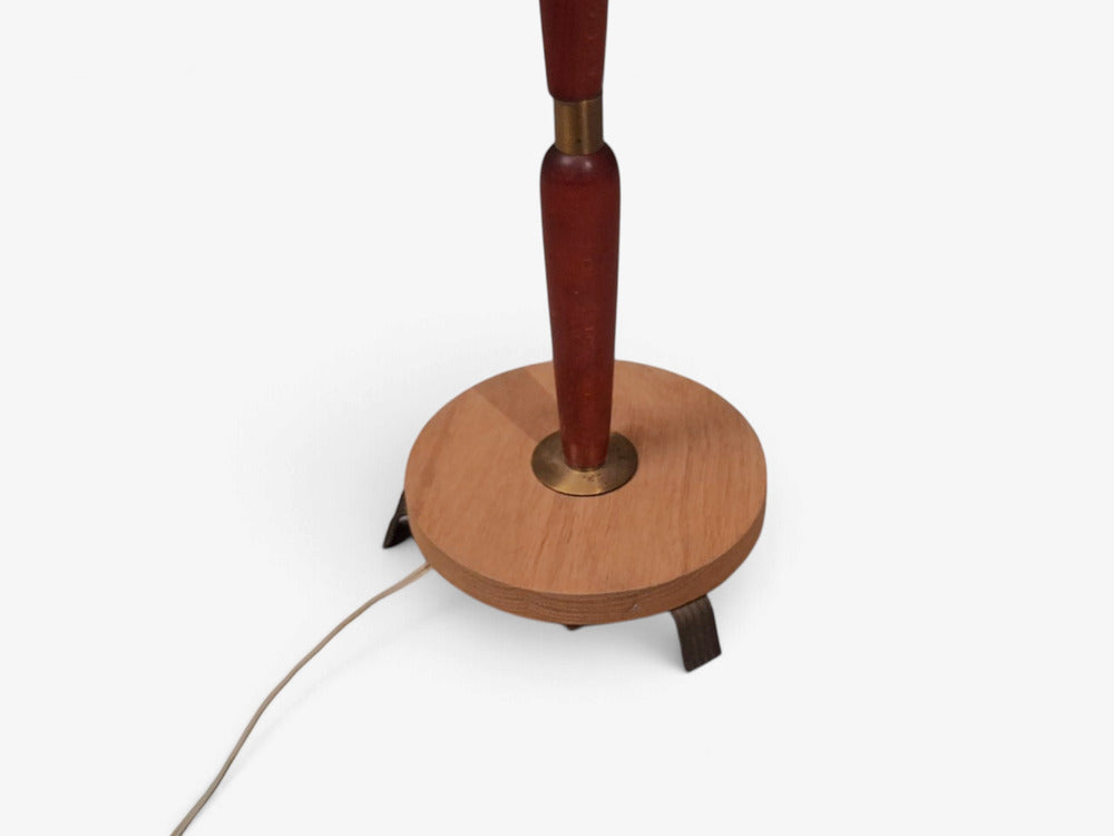 Swedish Modern, Double Light Floor Lamp, Wood, Brass, Fabric, Sweden, 1950s