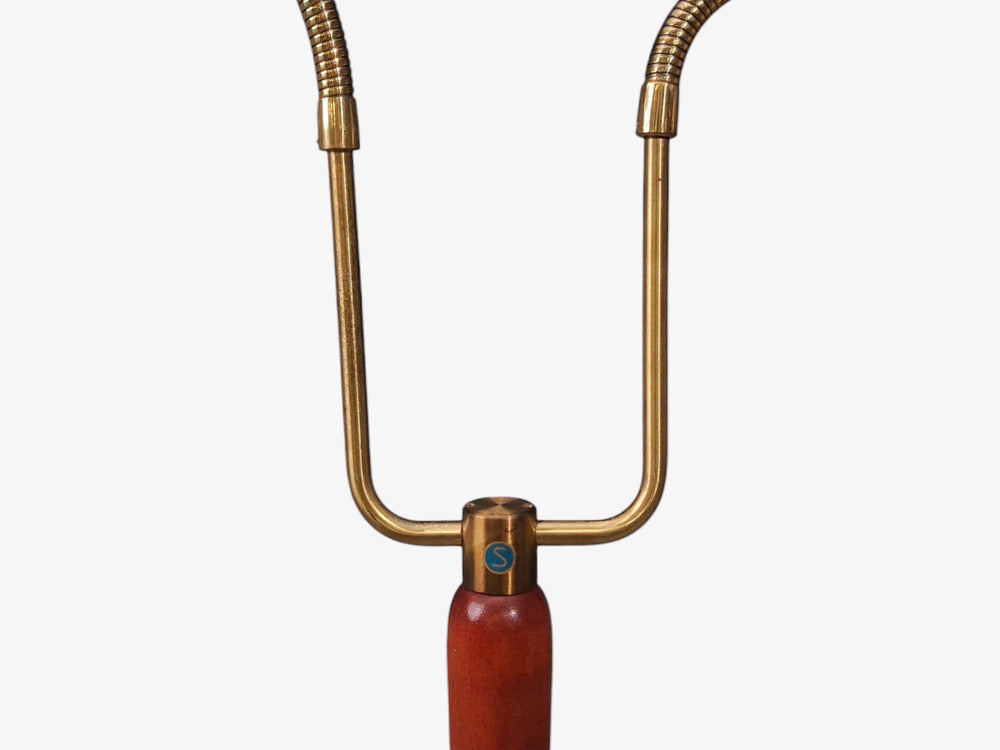 Swedish Modern, Double Light Floor Lamp, Wood, Brass, Fabric, Sweden, 1950s