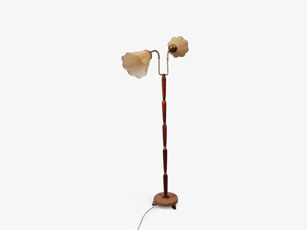 Swedish Modern, Double Light Floor Lamp, Wood, Brass, Fabric, Sweden, 1950s