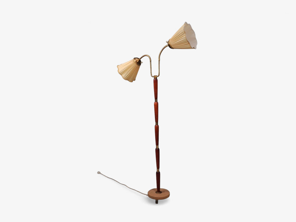 Swedish Modern, Double Light Floor Lamp, Wood, Brass, Fabric, Sweden, 1950s