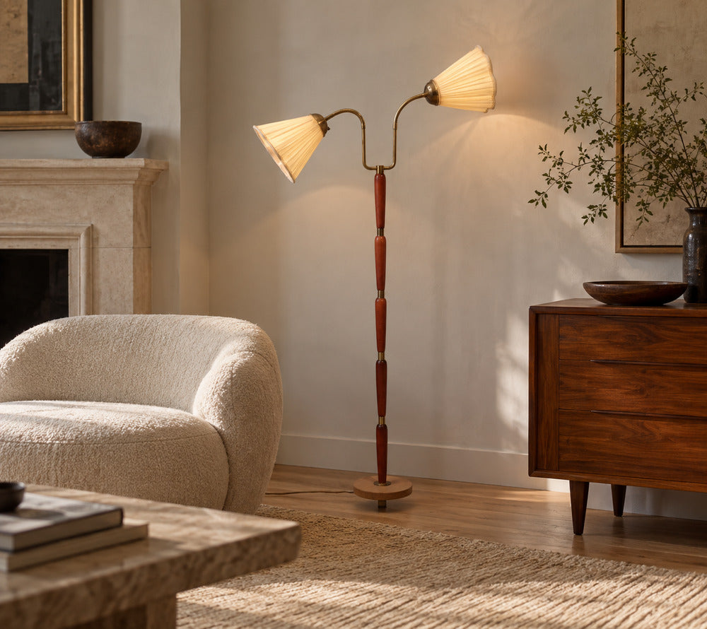 Swedish Modern, Double Light Floor Lamp, Wood, Brass, Fabric, Sweden, 1950s
