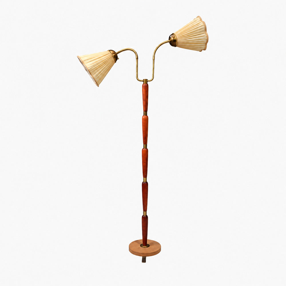 Swedish Modern, Double Light Floor Lamp, Wood, Brass, Fabric, Sweden, 1950s