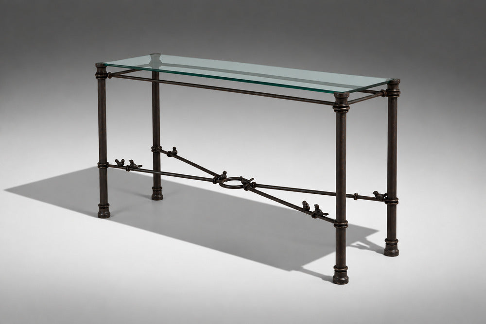 Giacometti Style, Console Table, Forged Metal, Glass, USA, 1970s