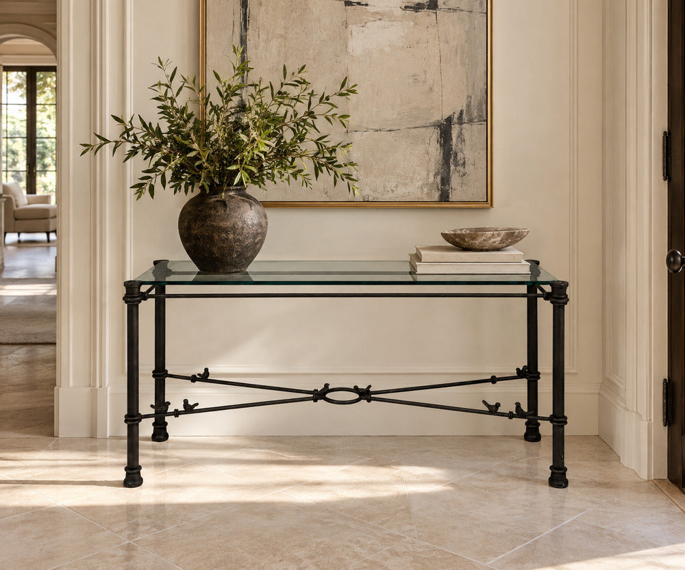 Giacometti Style, Console Table, Forged Metal, Glass, USA, 1970s