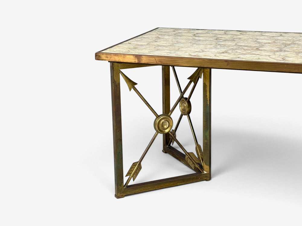 Hollywood Regency, Coffee Table, Capiz Shell, Brass, France, 1950s