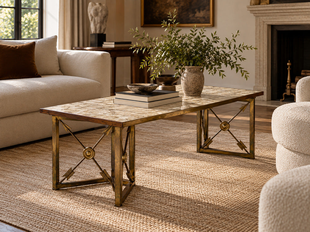 Hollywood Regency, Coffee Table, Capiz Shell, Brass, France, 1950s