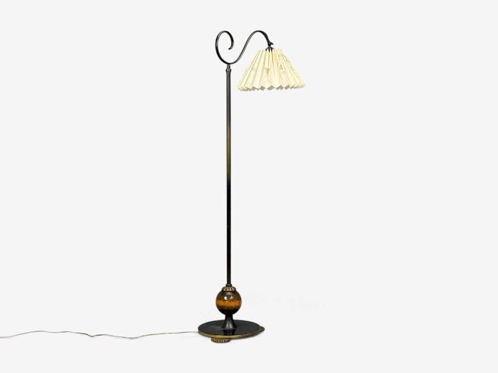 Swedish Art Deco, Floor Lamp, Patinated Brass, Wood, Fabric, Sweden, 1920s