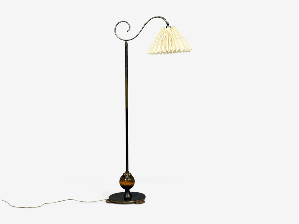 Swedish Art Deco, Floor Lamp, Patinated Brass, Wood, Fabric, Sweden, 1920s