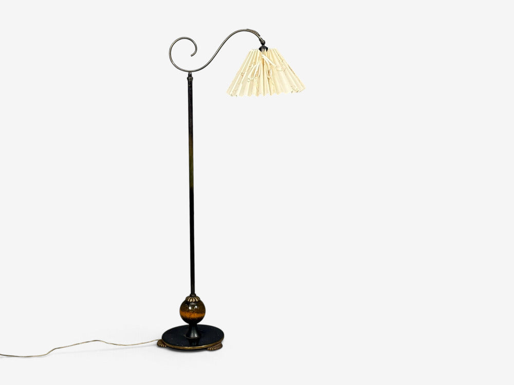 Swedish Art Deco, Floor Lamp, Patinated Brass, Wood, Fabric, Sweden, 1920s