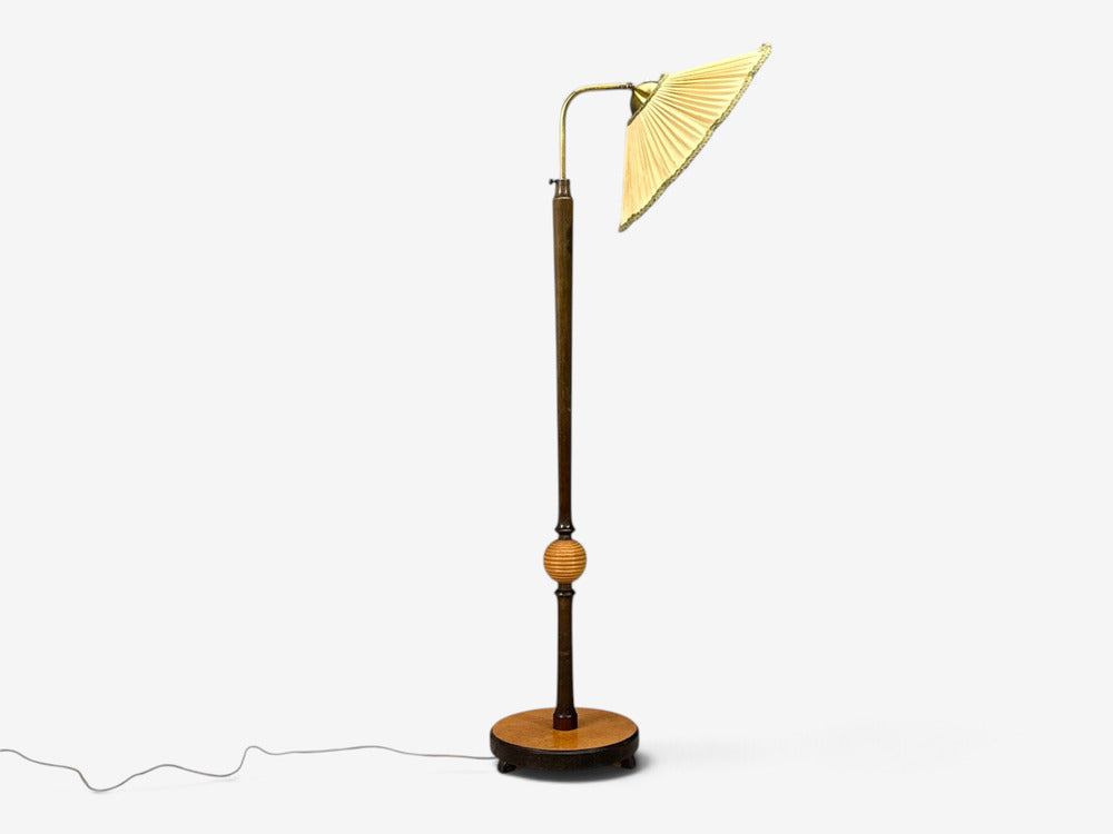 Swedish Art Deco, Adjustable Floor Lamp, Birch, Brass, Fabric, Sweden, 1930s